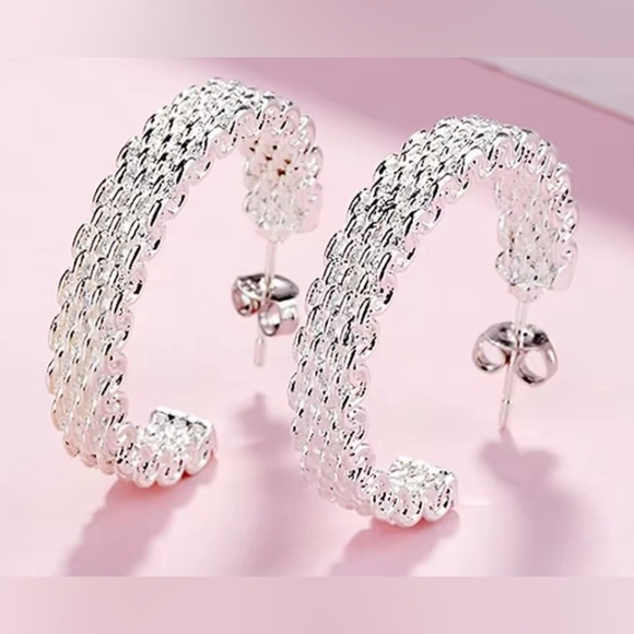 925 Sterling Silver Jewelry - NWT Elegant Sterling Silver Overlayed Woven Hoop Earrings